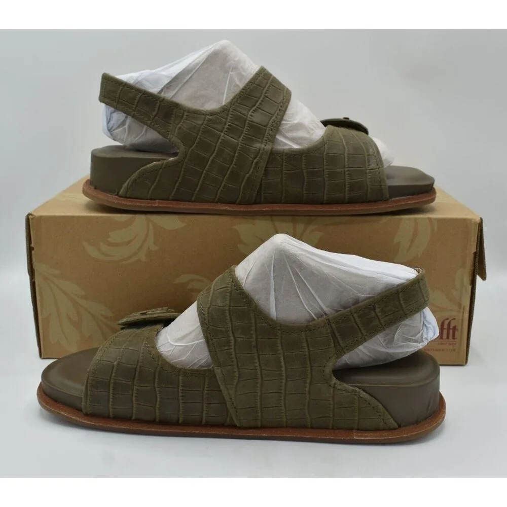 Sofft Womens Size 9.5 Adalia‎ Olive Buckle Croc Embossed Suede Leather Sandals